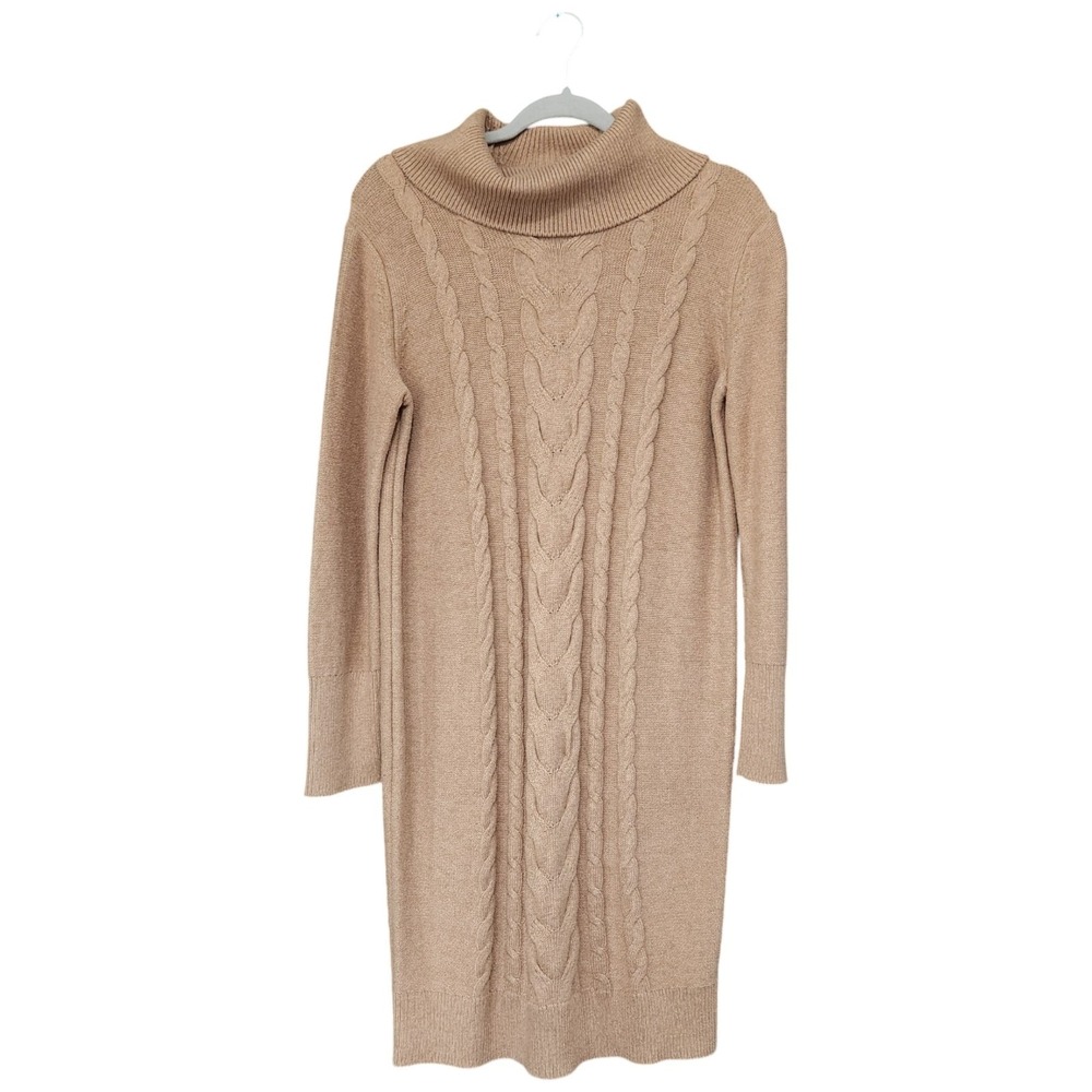 Banana Republic Cable Knit Sweater Dress XS Long‎ Sleeve Midi Pullover Camel